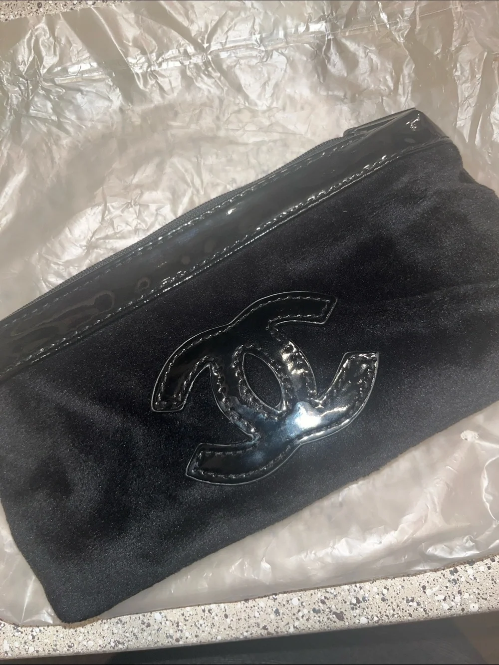 CHANEL Black Velvet CC Logo Makeup Pouch